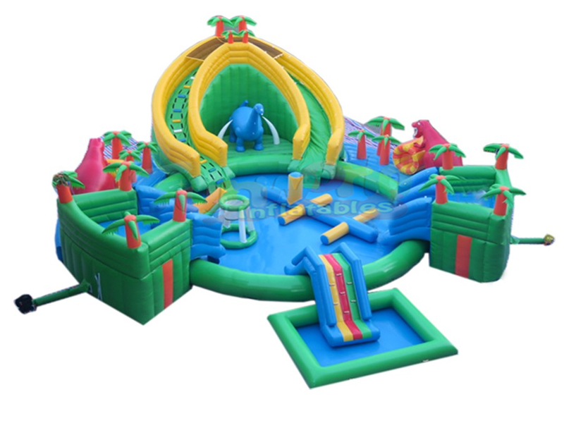 Outdoor party bounce house with pool slide inflatable giant dinosaur water park